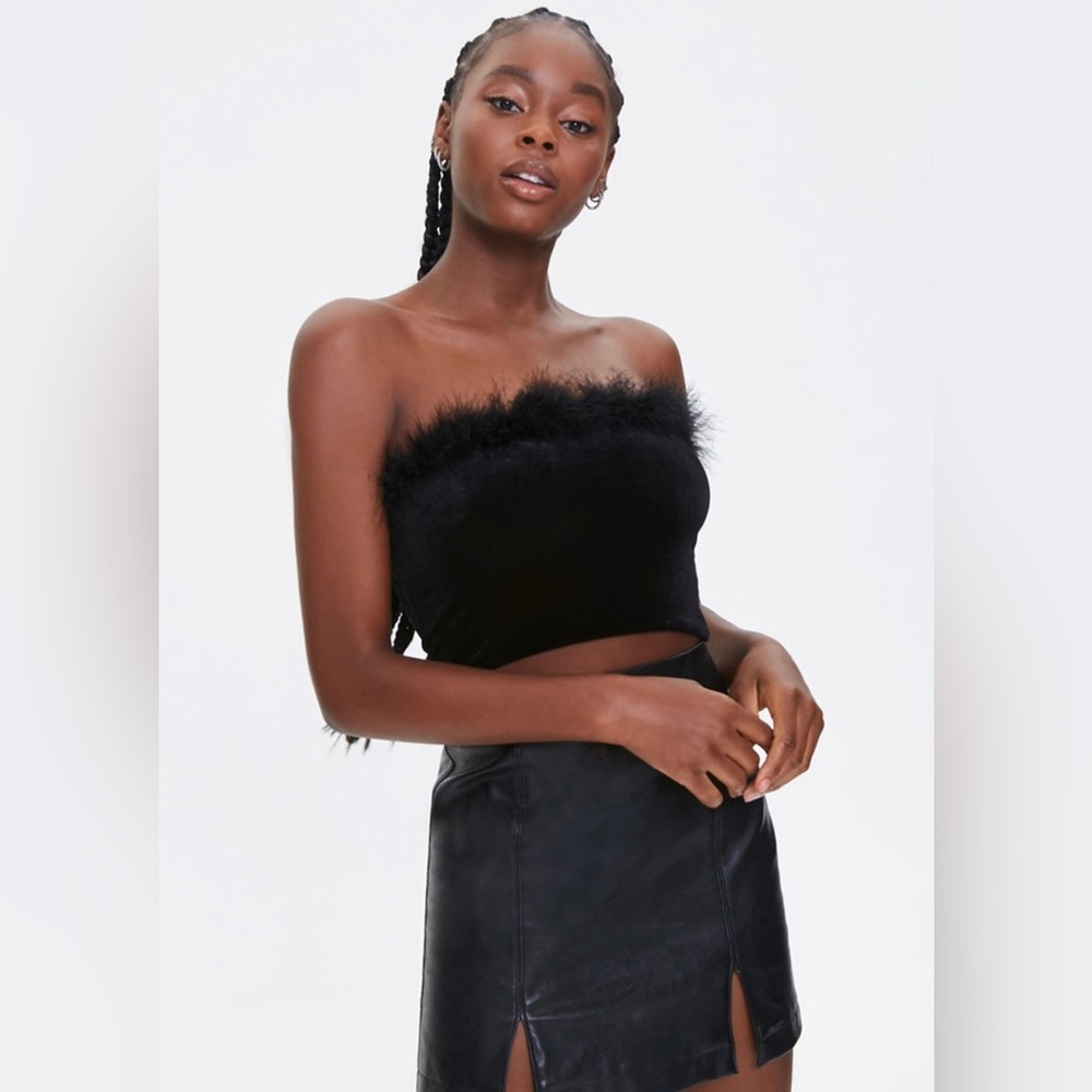 Faux Feather-Trim Tube Top